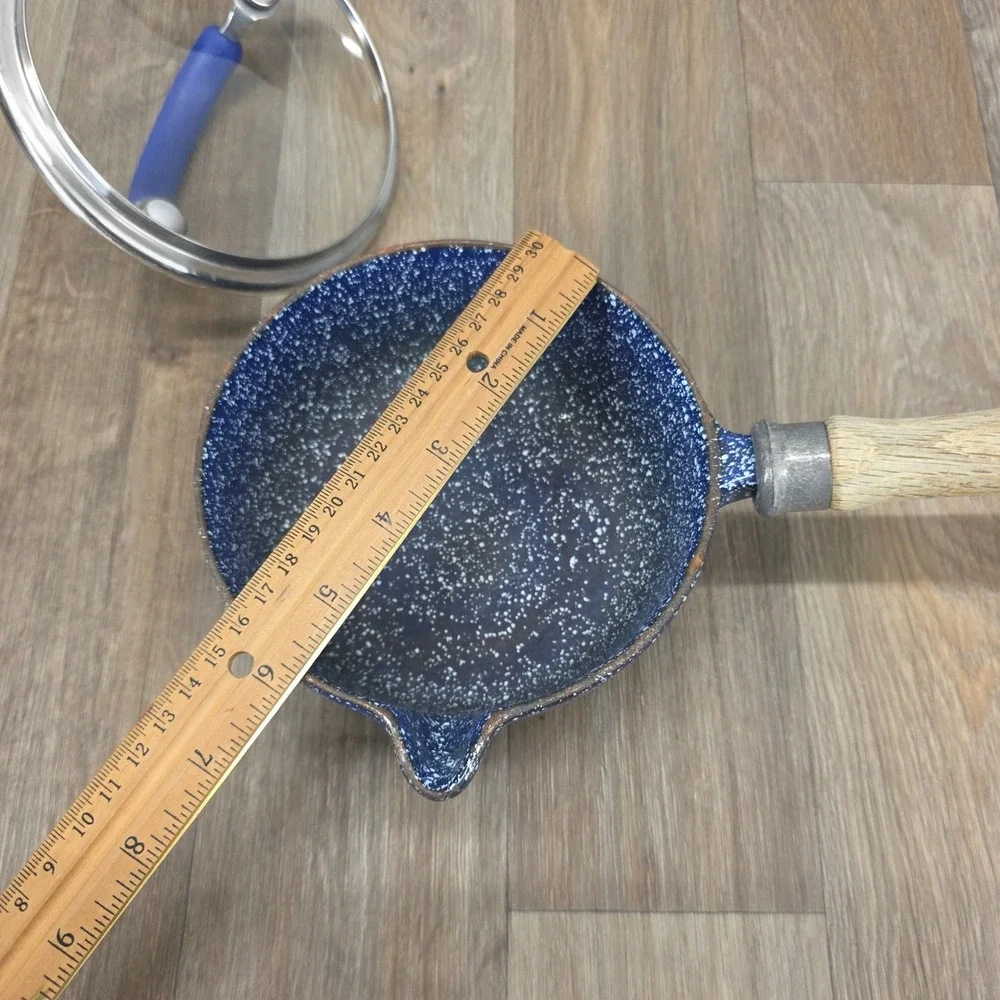 Vintage LL Bean Blue Speckled Cast Iron Saucepan Pot with Lid Pour Spout Wood